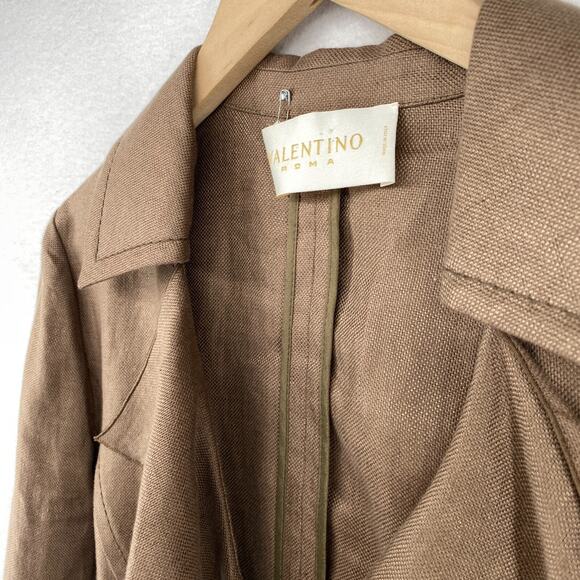 VALENTINO Blazer Womens 44 8 Linen Basketweave Ruffled One Button Brown Italy - Picture 2 of 14